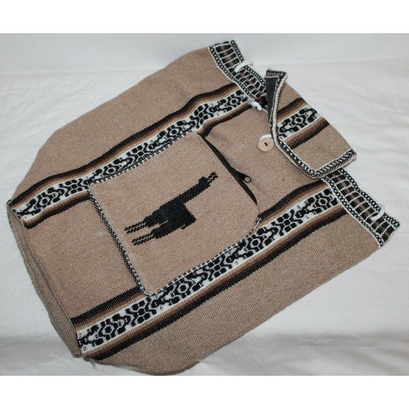 Peruvian Woven Backpack Native Inca Llama Light Brown/Tan Drawstring - Picture 1 of 4